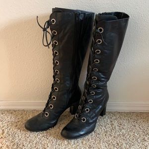 Knee Length Lace Up Black Leather Boots